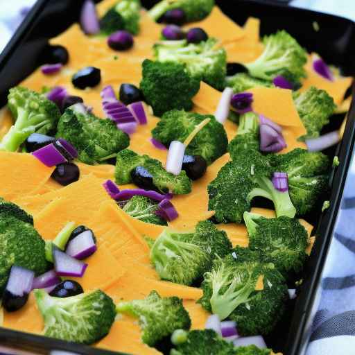 Broccoli and cheddar with red onion and black olives