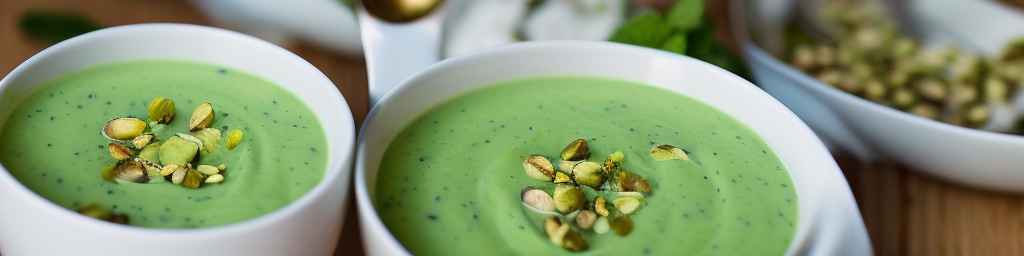 Cold cucumber and mint soup with yogurt and pistachios