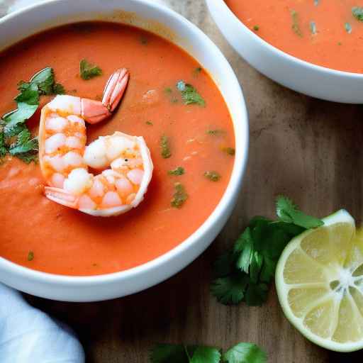 Cold tomato and shrimp soup with lime and cilantro