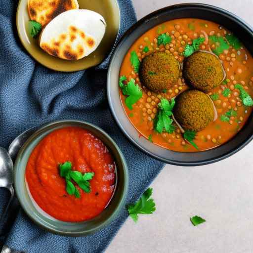 Falafel and lentil soup with harissa paste