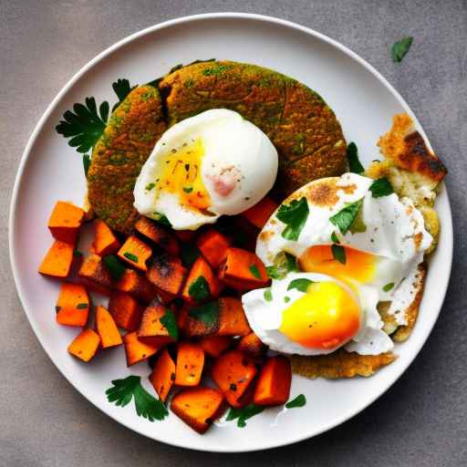 Falafel and sweet potato hash with poached eggs