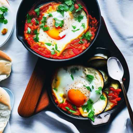 Israeli shakshuka with poached egg and eggplant