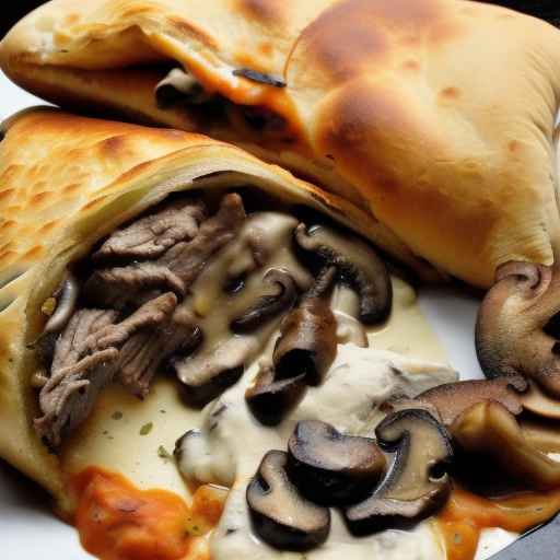 Philly Cheese Steak and Mushroom Calzone with Mozzarella Cheese