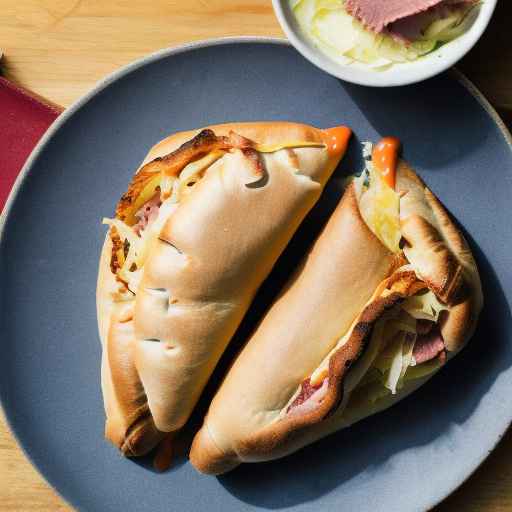 Reuben Calzone with Mozzarella Cheese, Corned Beef, Sauerkraut, and Thousand Island Dressing