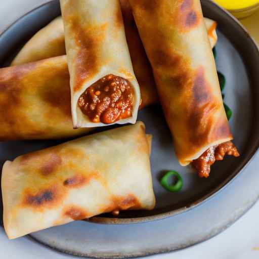 Sloppy Joe egg rolls with ketchup and mustard dip